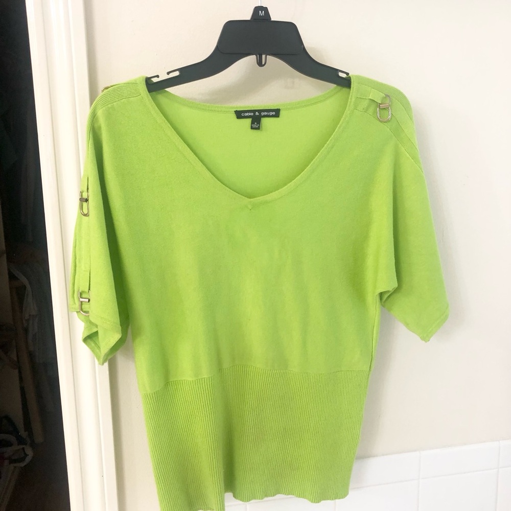 Caslon Bright Lime Green Short Sleeve V-Neck Top with Ring Accents